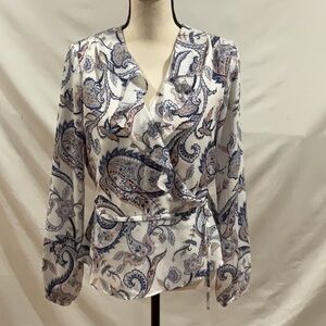 White House Black Market blouse w tie, ruffles, blue paisley long sleeves.Sz 6
